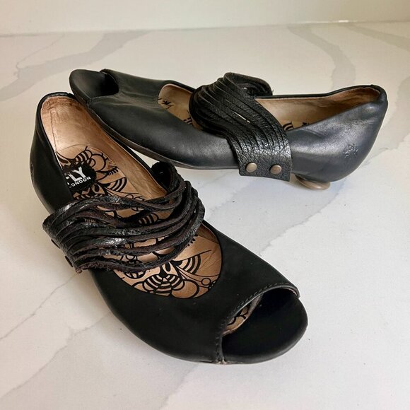 Fly London Woman's Black  LAFF Peep Toe Multi strap Ballerina Heel Shoes Size 7 - Picture 1 of 16